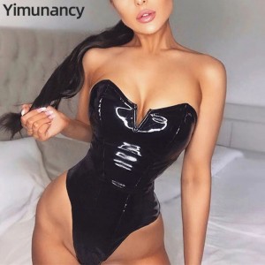 Yimunancy PU Leather Sexy Bodysuit Women Strapless V Shape Bodycon Bodysuit Ladies Skinny Black Bodysuit Clubwear